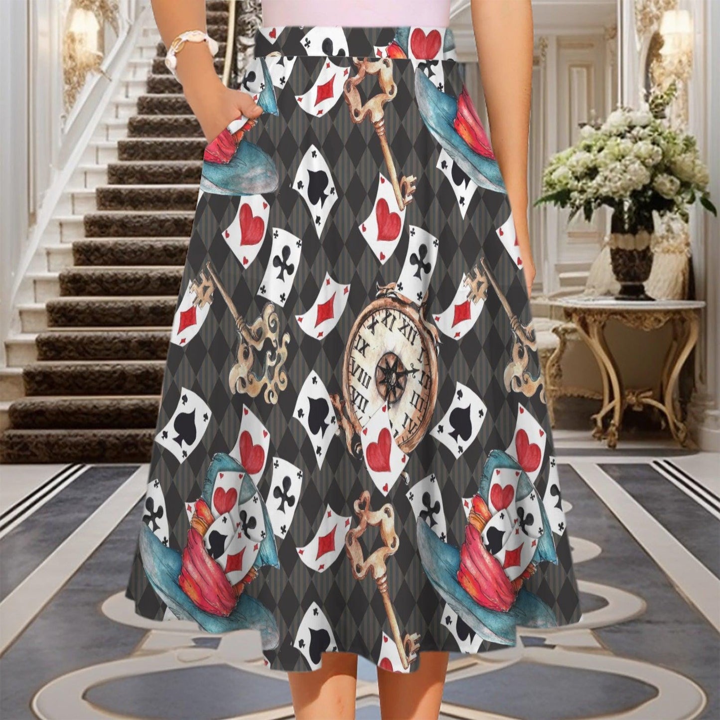 Whimsical Playing Card Midi Skirt, Fantasy Storybook Print, High Waist Statement Fashion