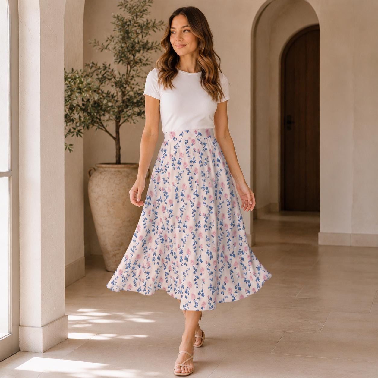 Pink Rose Floral Midi Skirt, High Waist A-Line, Cottagecore Garden Styling