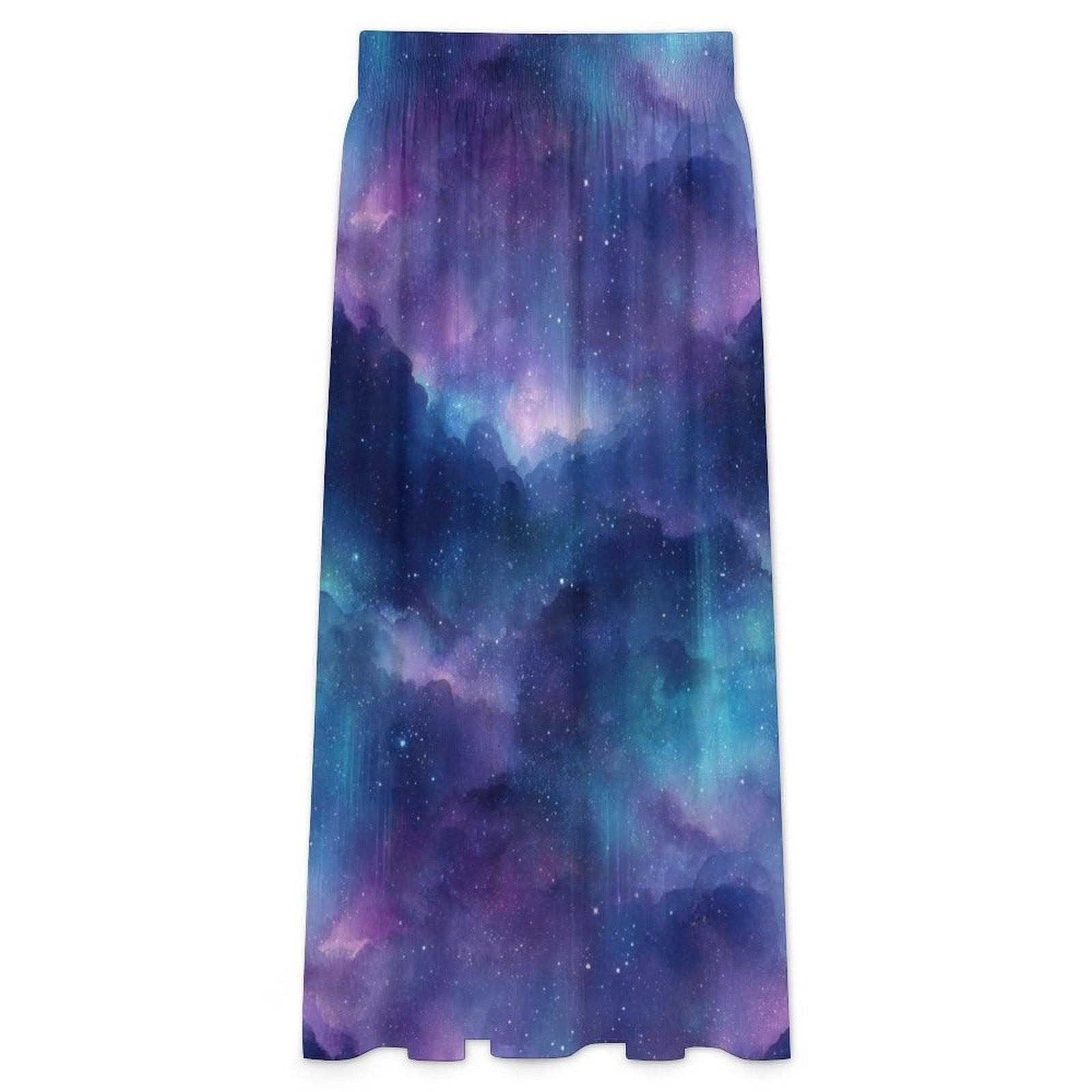 Galaxy Print Maxi Skirt, Purple Blue Nebula, High Waist Flowy A-Line Skirt