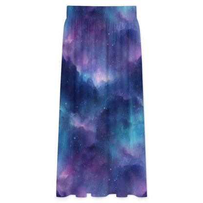 Galaxy Print Maxi Skirt, Purple Blue Nebula, High Waist Flowy A-Line Skirt