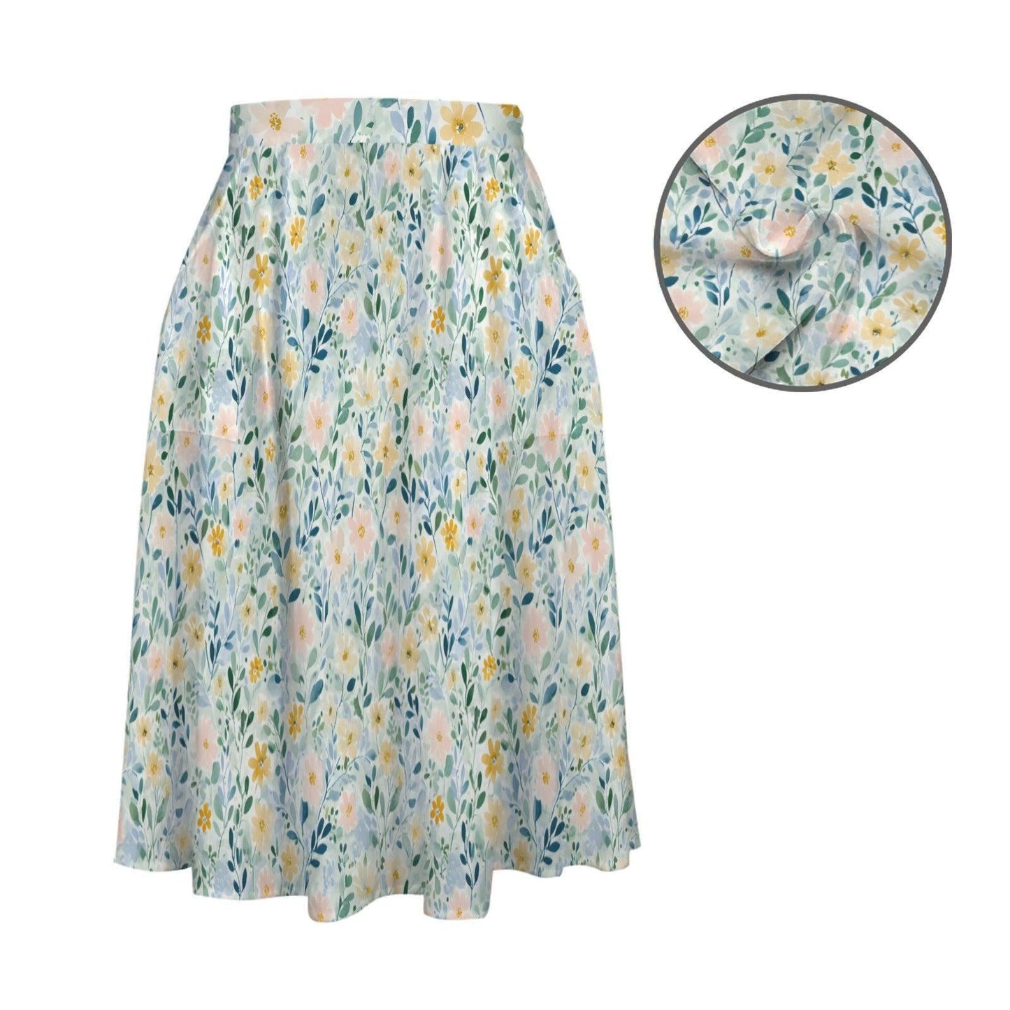 Pastel Watercolor Floral Midi Skirt, High Waist A-Line, Pockets, Coastal Spring Style