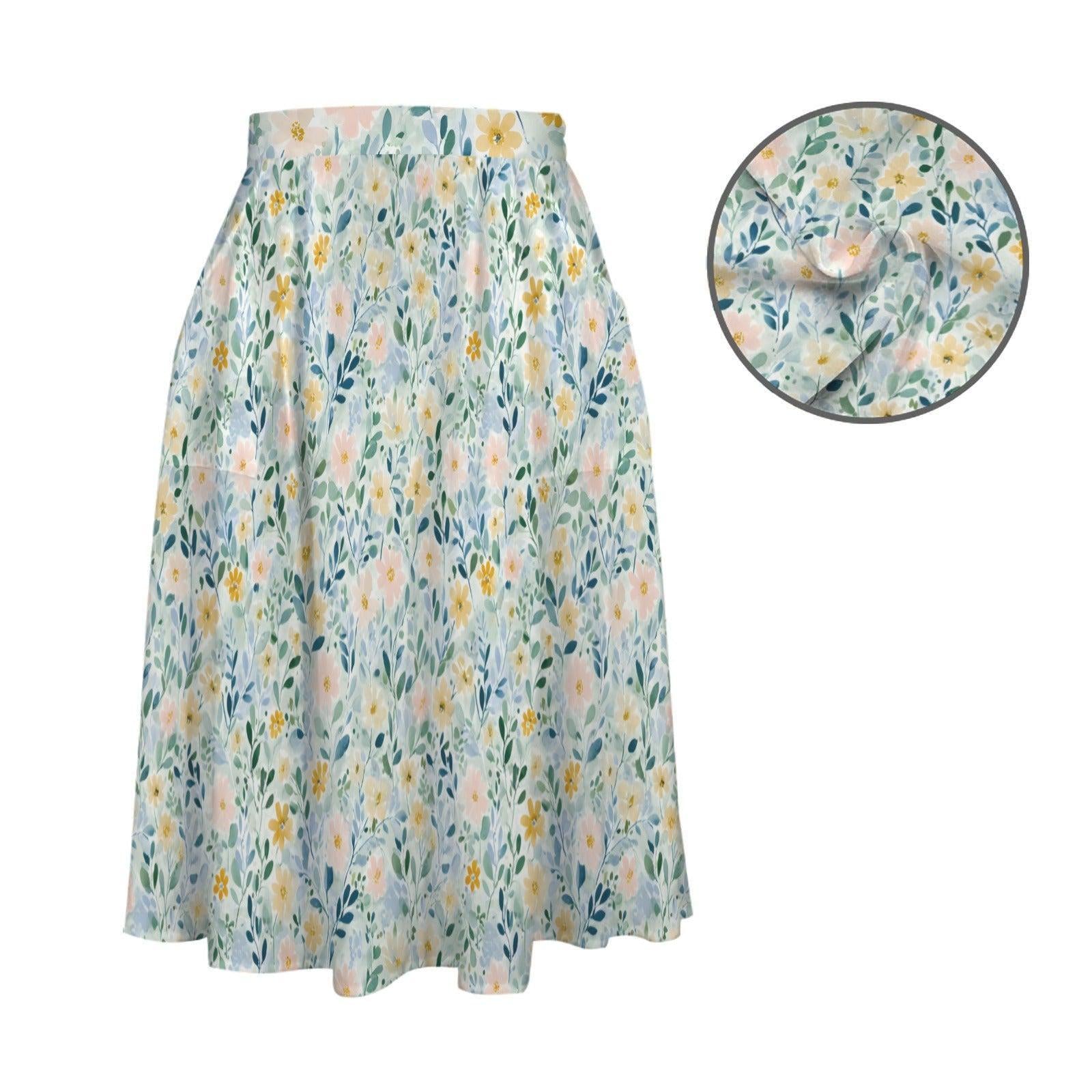 Pastel Watercolor Floral Midi Skirt, High Waist A-Line, Pockets, Coastal Spring Style