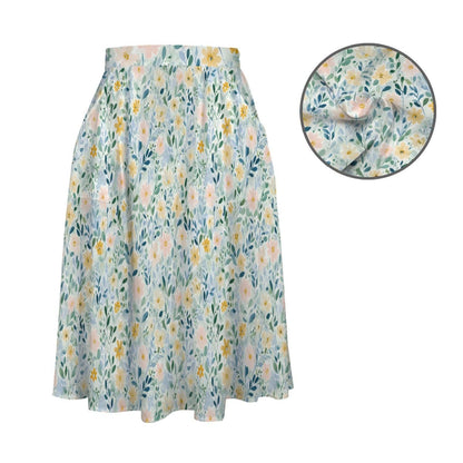 Pastel Watercolor Floral Midi Skirt, High Waist A-Line, Pockets, Coastal Spring Style