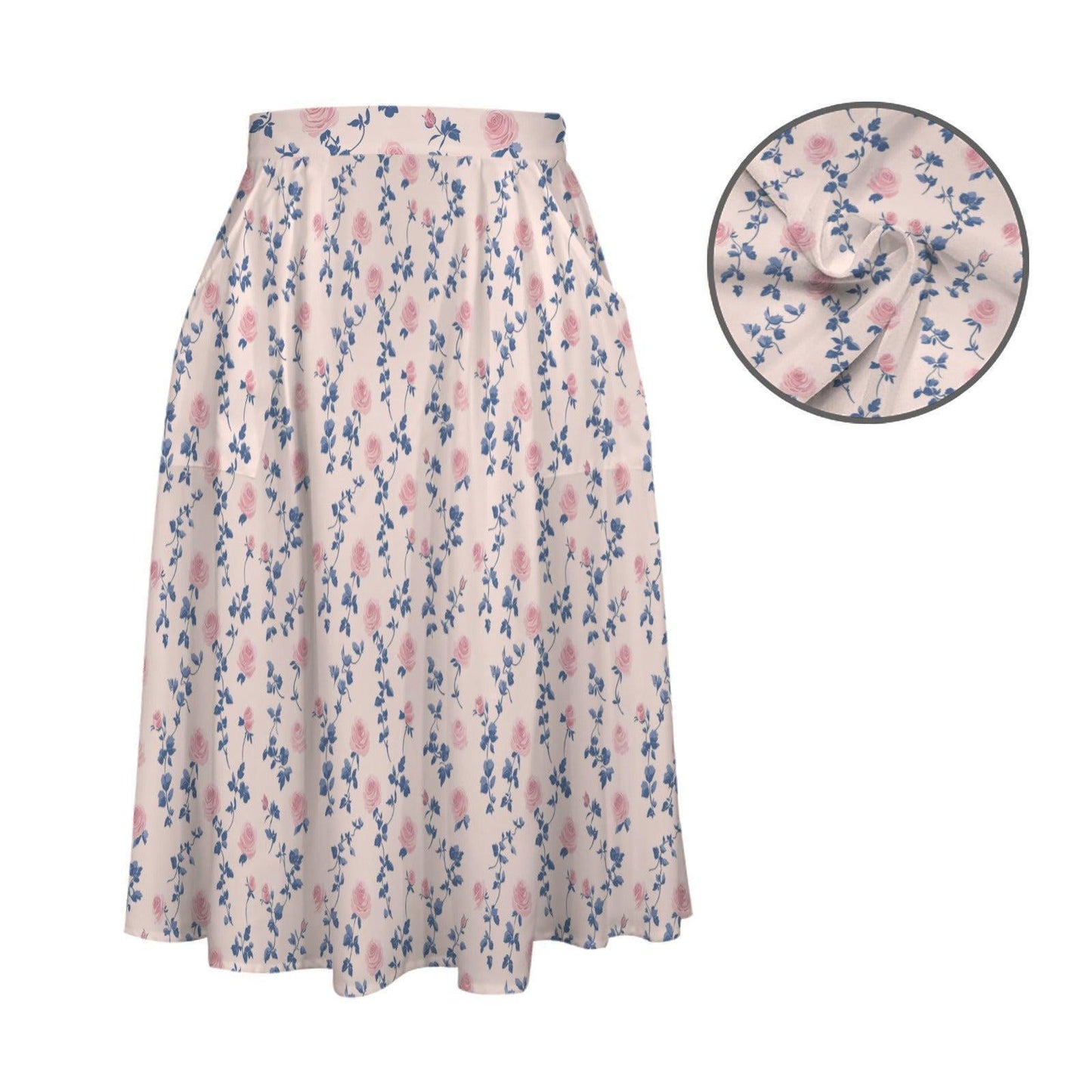 Pink Rose Floral Midi Skirt, High Waist A-Line, Cottagecore Garden Styling