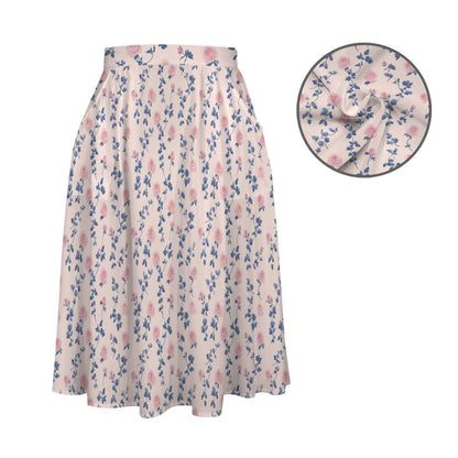 Pink Rose Floral Midi Skirt, High Waist A-Line, Cottagecore Garden Styling