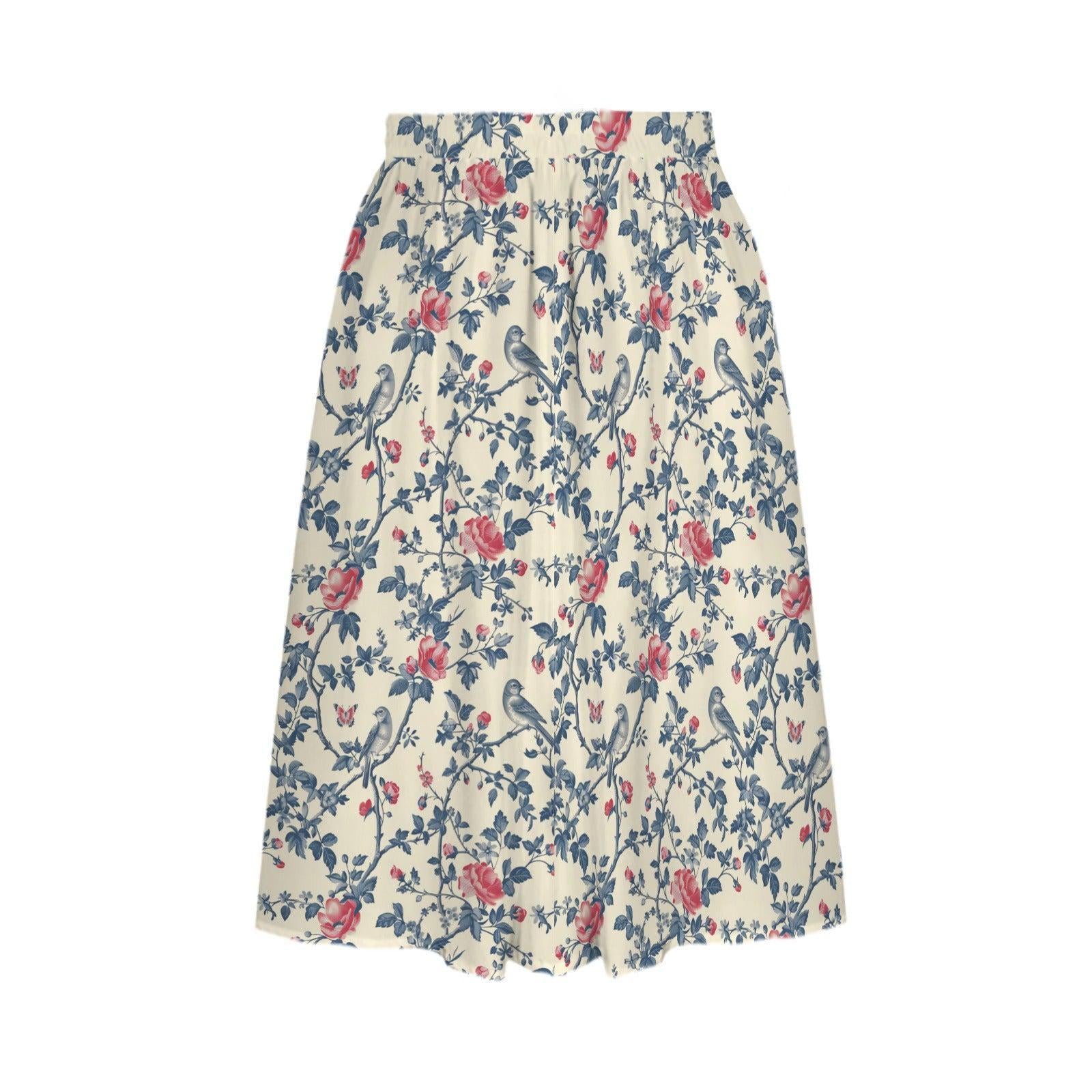 Bird and Rose Print Midi Skirt, Cottagecore A-Line Botanical Garden Skirt with Pockets