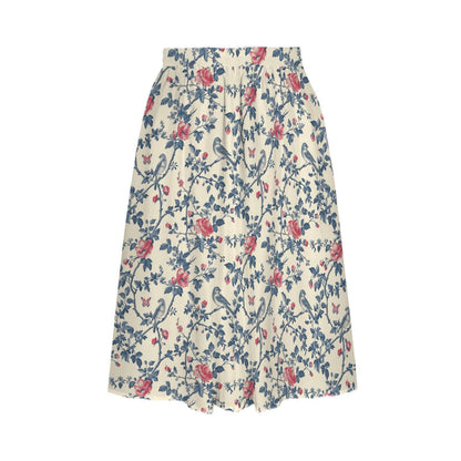 Bird and Rose Print Midi Skirt, Cottagecore A-Line Botanical Garden Skirt with Pockets