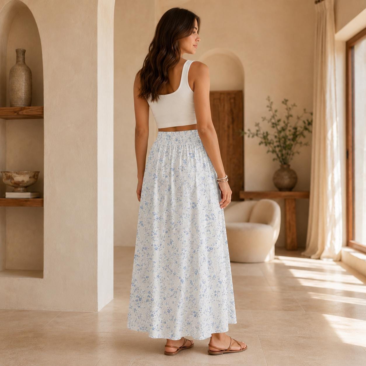 Blue Ditsy Floral Maxi Skirt, Smocked High Waist, Summer Garden Flowy Skirt