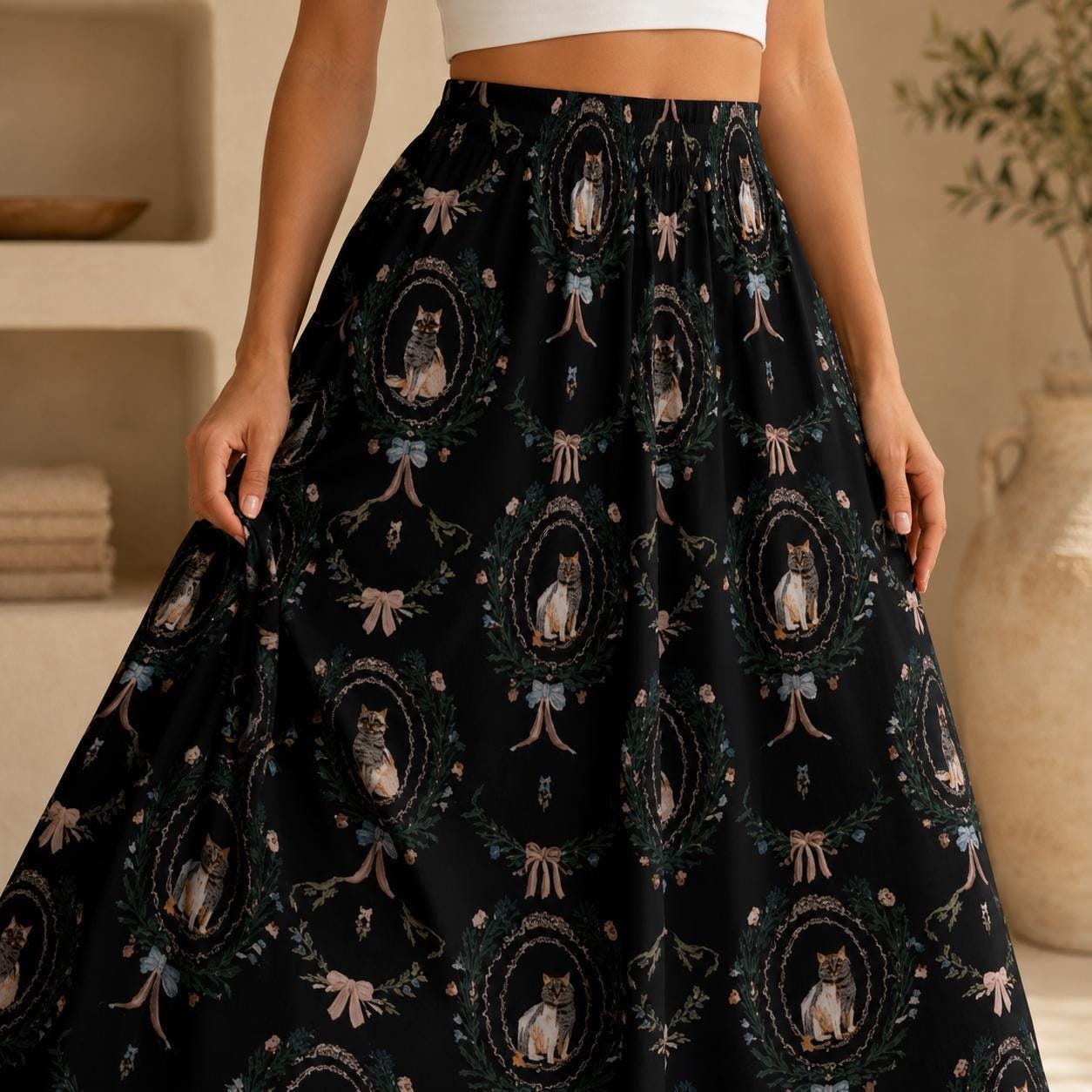 Gothic Cat Maxi Skirt, Black Cat Art Print, Romantic Goth High Waist