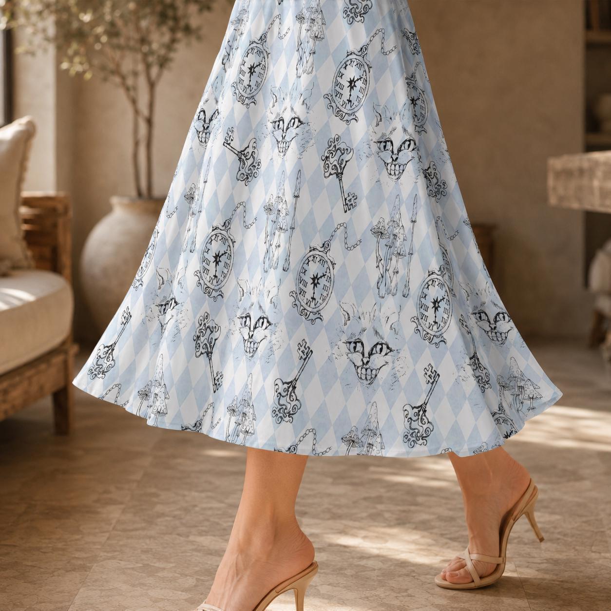 Blue Skull Midi Skirt, Powder Blue Argyle Clock Key Print, High Waist A Line (Pockets)