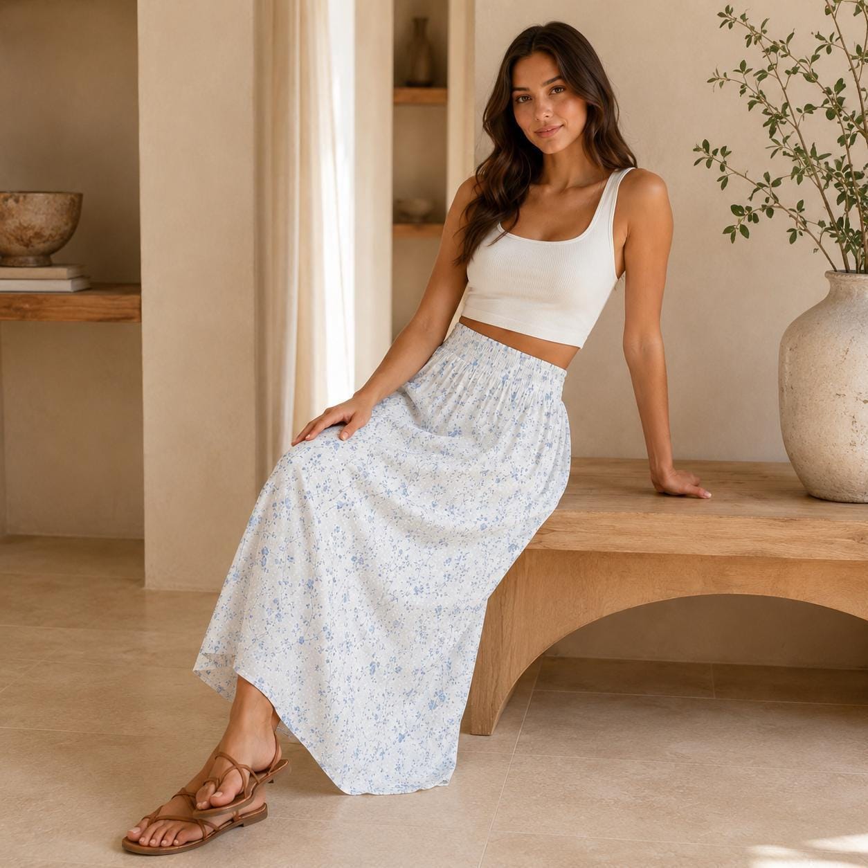 Blue Ditsy Floral Maxi Skirt, Smocked High Waist, Summer Garden Flowy Skirt