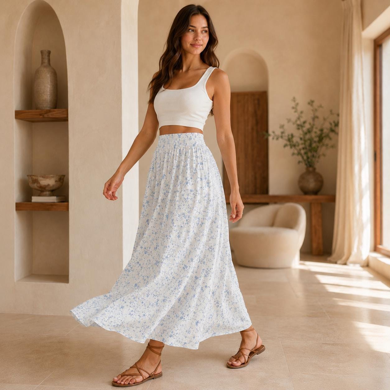 Blue Ditsy Floral Maxi Skirt, Smocked High Waist, Summer Garden Flowy Skirt