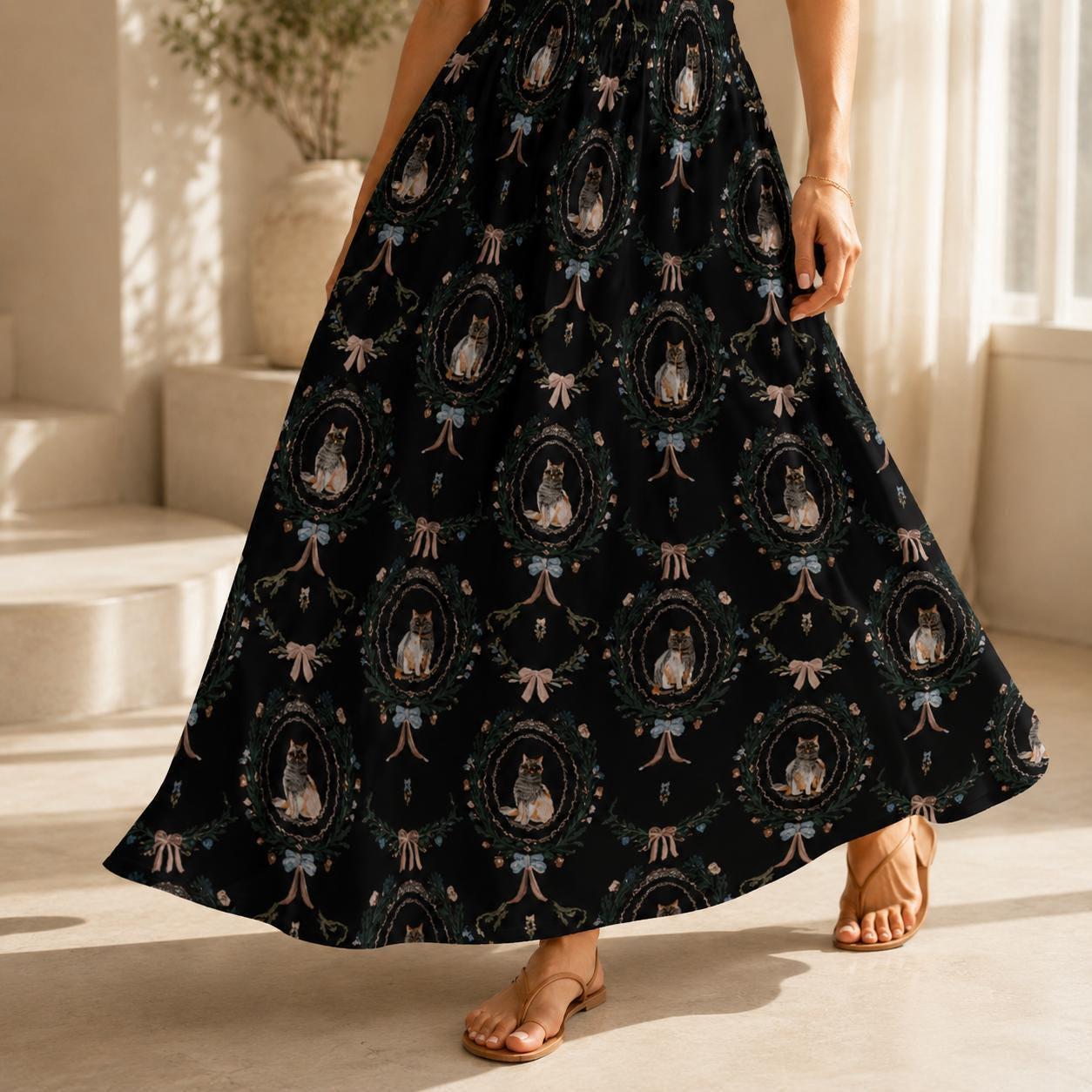 Gothic Cat Maxi Skirt, Black Cat Art Print, Romantic Goth High Waist
