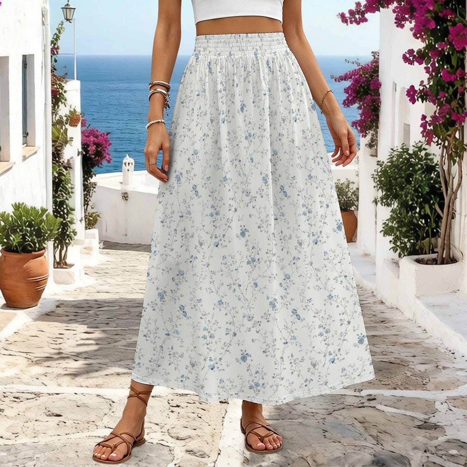 Blue Ditsy Floral Maxi Skirt, Smocked High Waist, Summer Garden Flowy Skirt