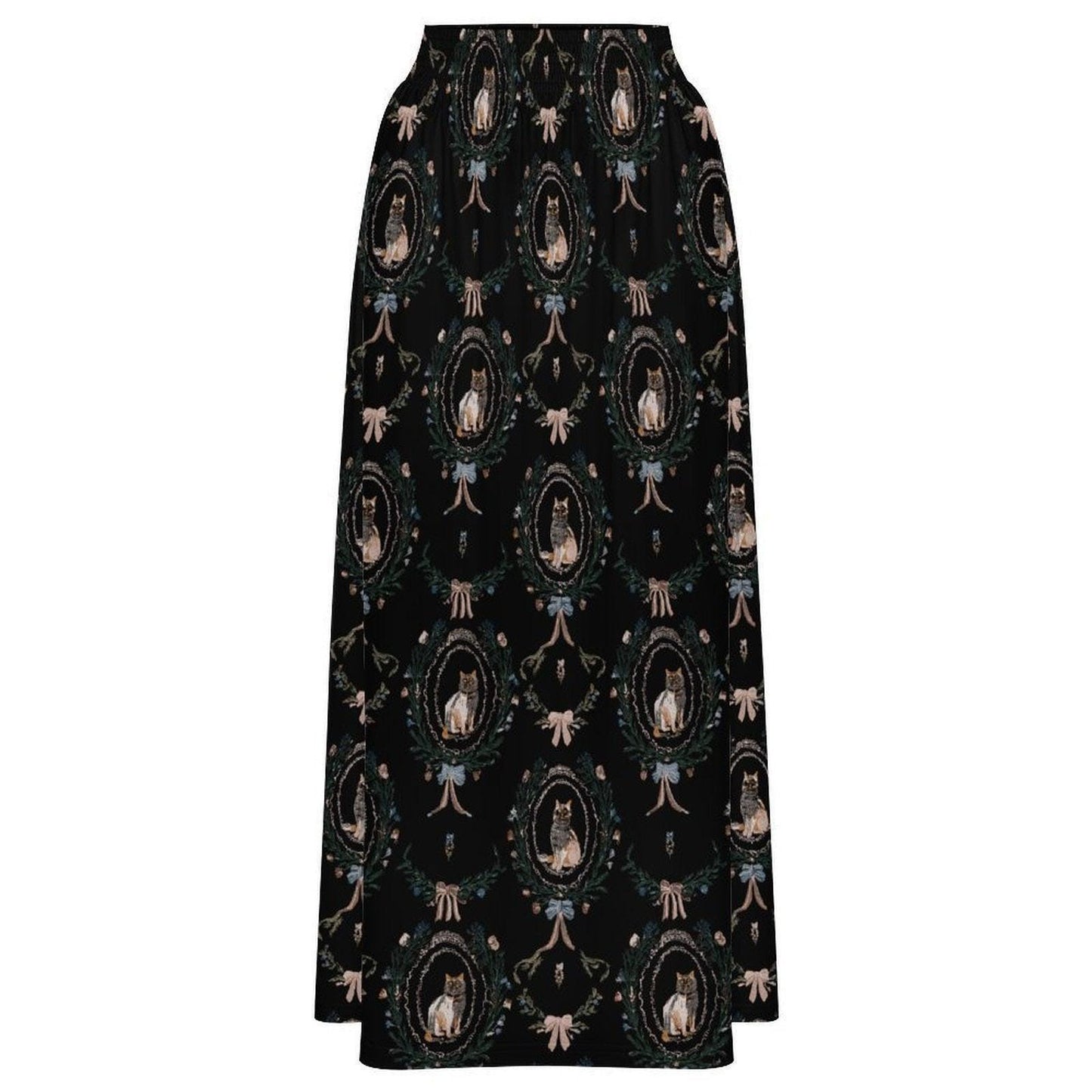 Gothic Cat Maxi Skirt, Black Cat Art Print, Romantic Goth High Waist
