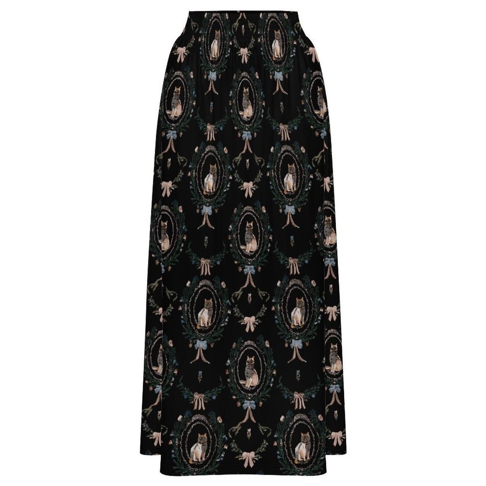 Gothic Cat Maxi Skirt, Black Cat Art Print, Romantic Goth High Waist