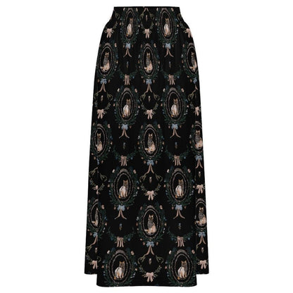 Gothic Cat Maxi Skirt, Black Cat Art Print, Romantic Goth High Waist