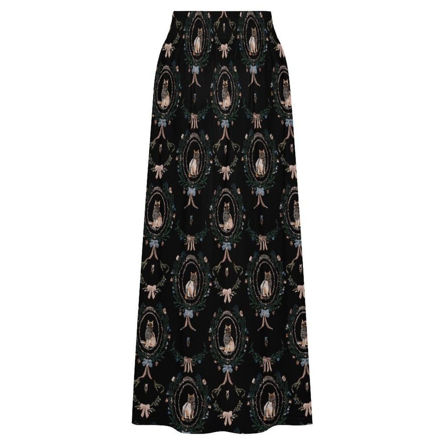 Gothic Cat Maxi Skirt, Black Cat Art Print, Romantic Goth High Waist
