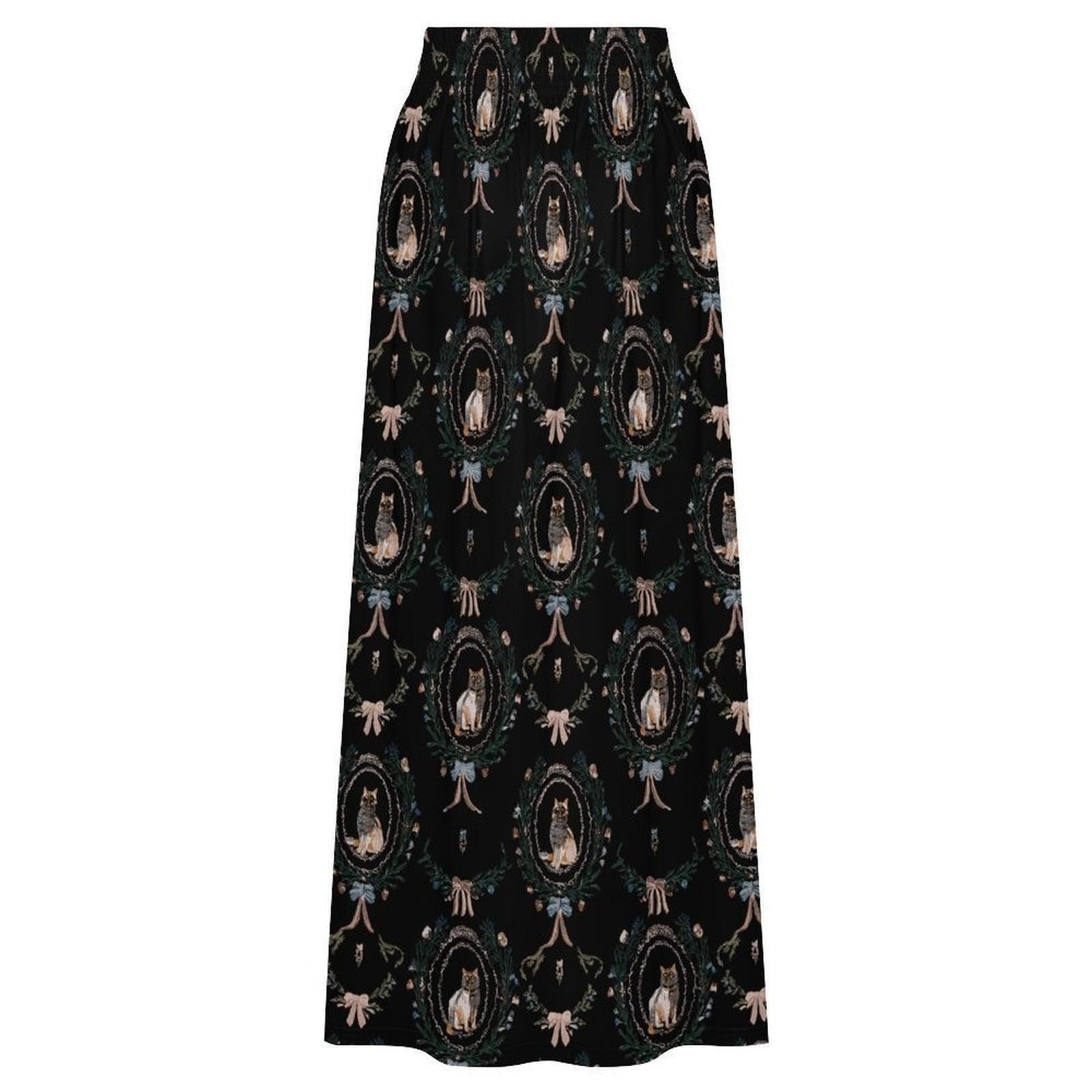 Gothic Cat Maxi Skirt, Black Cat Art Print, Romantic Goth High Waist