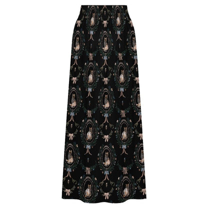 Gothic Cat Maxi Skirt, Black Cat Art Print, Romantic Goth High Waist