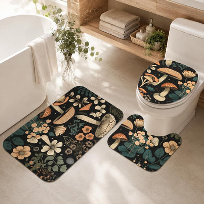 Mushroom Bathroom Rug Set, Dark Woodland Floral Bath Mat and Toilet Contour Rug