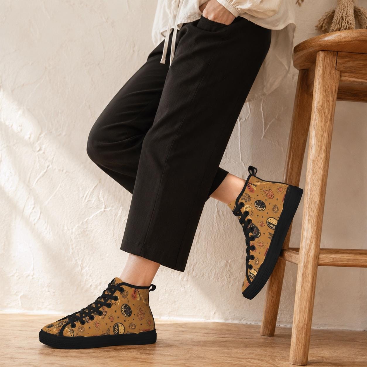 Celestial High Top Sneakers, Tan Sun Moon Mystic Eye Print Canvas Shoes