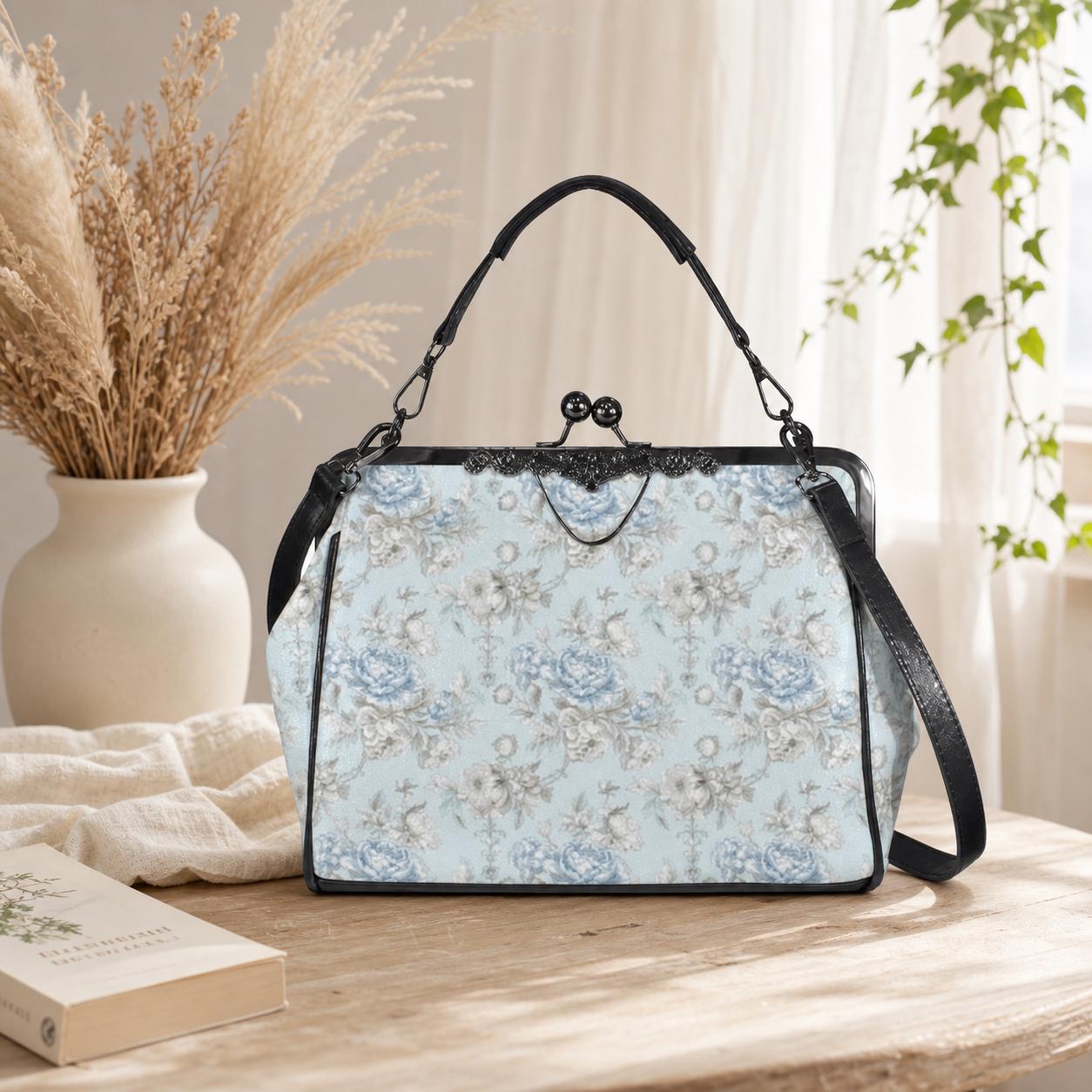 Blue Floral Kiss Lock Handbag, Vintage Style Rose Print Shoulder Bag
