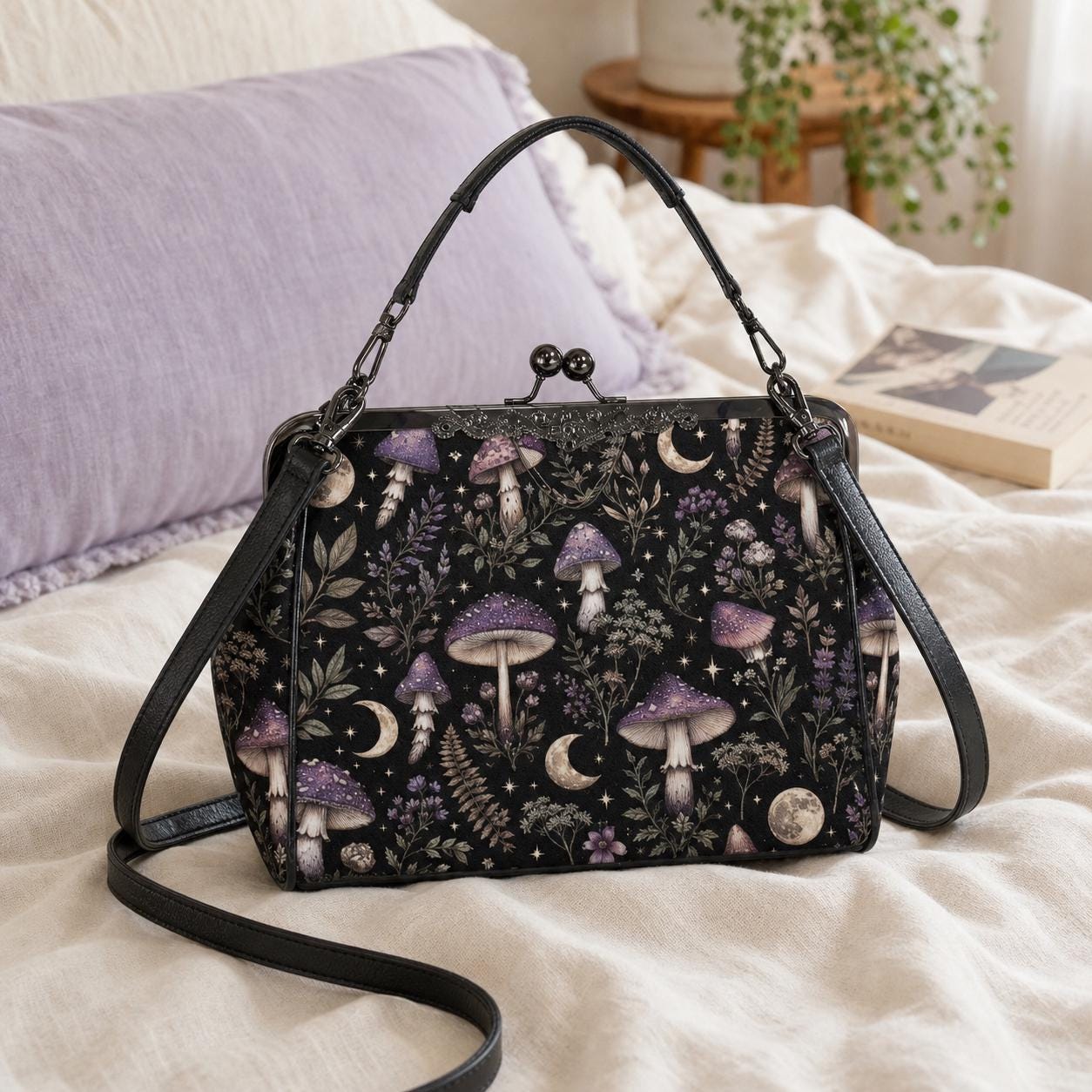 Witchy Mushroom Moth Print Crossbody Bag, Dark Forest Kisslock Purse