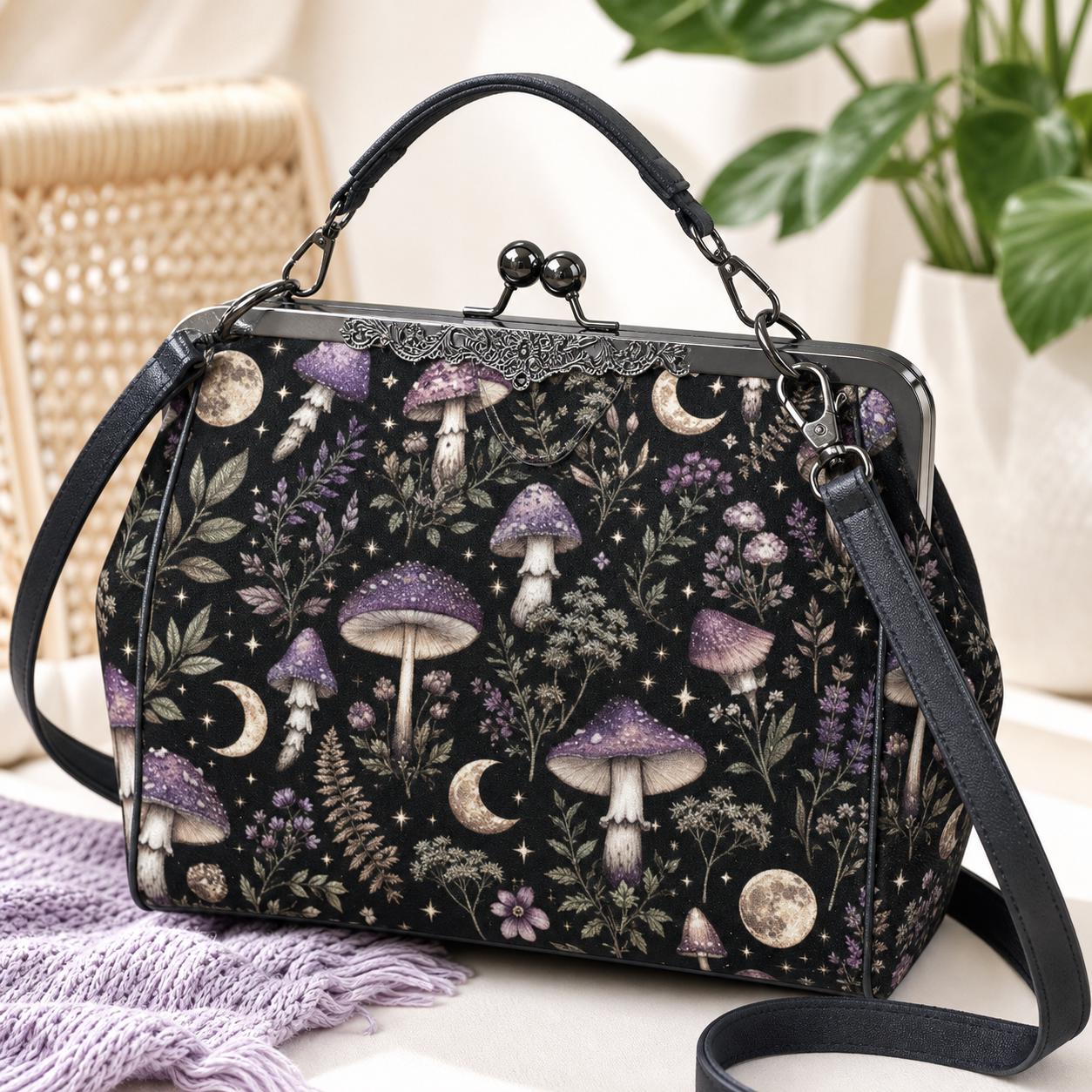 Witchy Mushroom Moth Print Crossbody Bag, Dark Forest Kisslock Purse