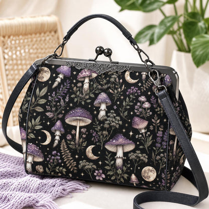 Witchy Mushroom Moth Print Crossbody Bag, Dark Forest Kisslock Purse