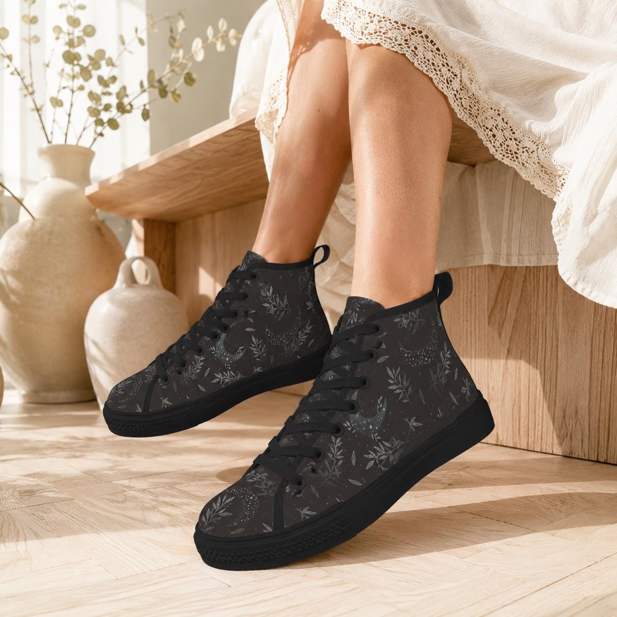 Witchy High Top Sneakers, Black Botanical Moon Wildflower Print Canvas Shoes