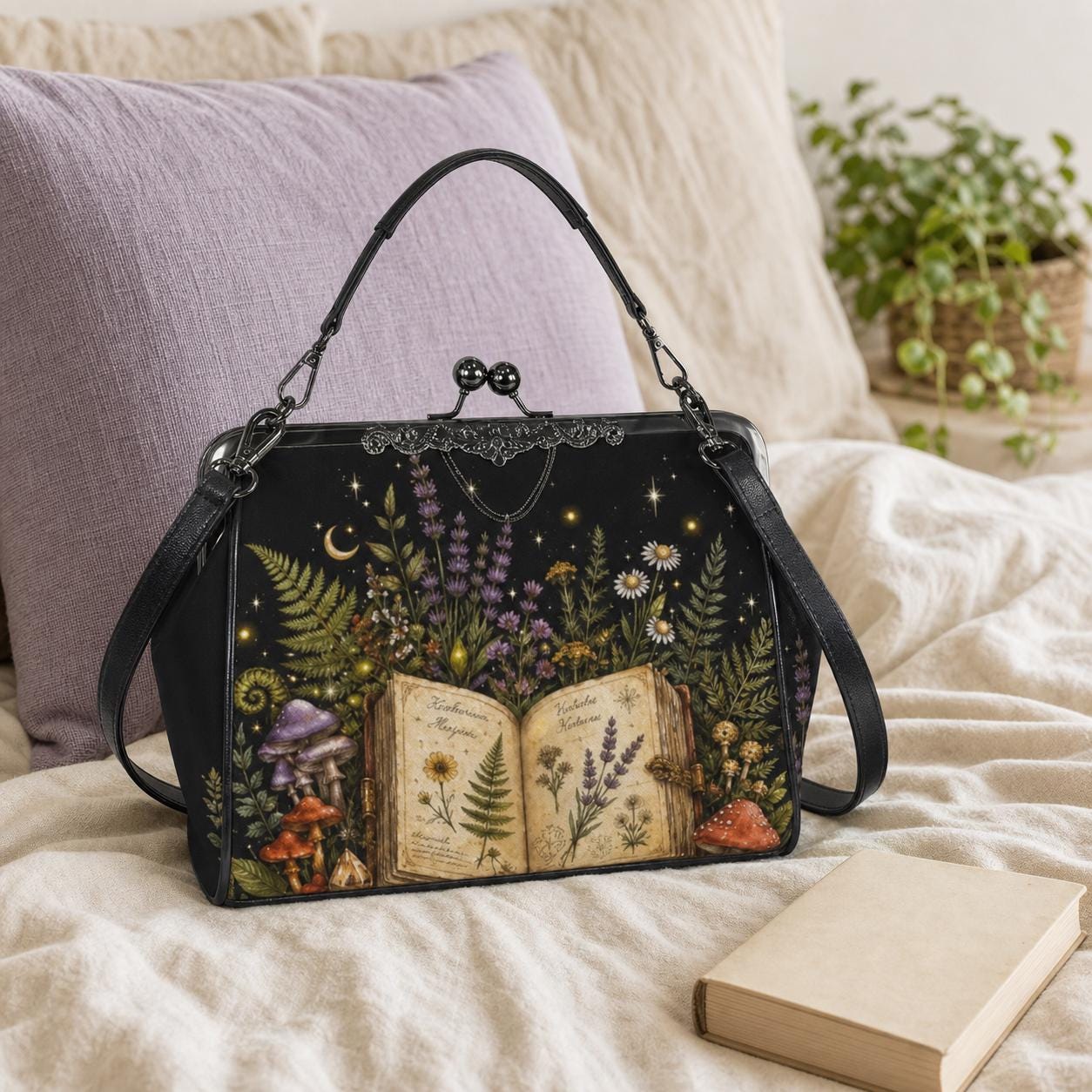 Witchy Mushroom Purse, Botanical Spell Book Print Kiss Lock Handbag, Cottagecore Crossbody Bag