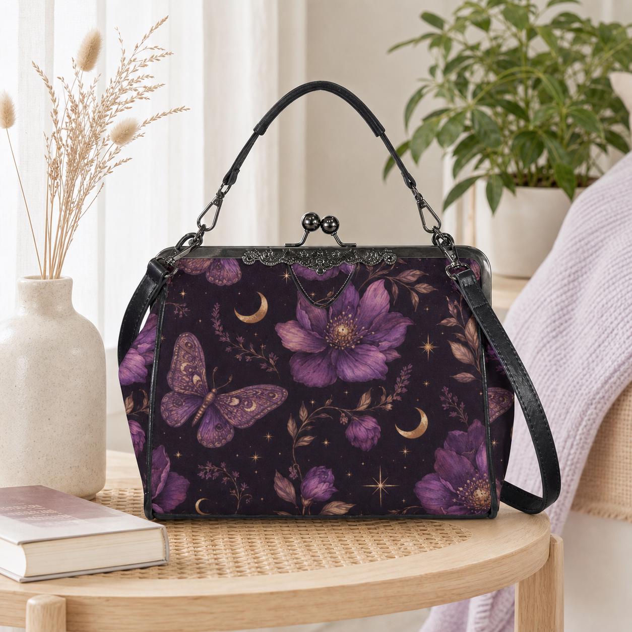Whimsigoth Purple Moth Moon Floral Kiss Lock Handbag, Celestial Crossbody Bag