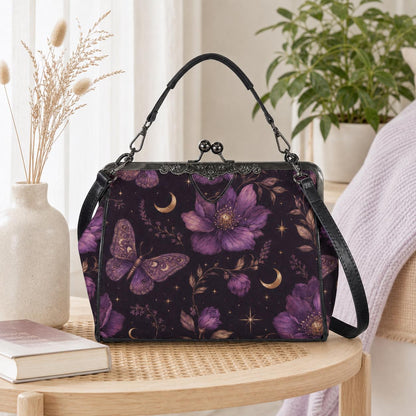 Whimsigoth Purple Moth Moon Floral Kiss Lock Handbag, Celestial Crossbody Bag