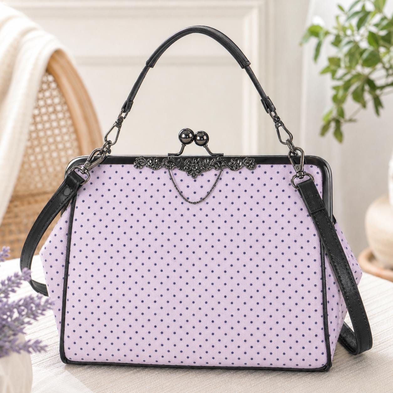 Pink Polka Dot Kiss Lock Handbag, Retro Vintage Style Crossbody Bag