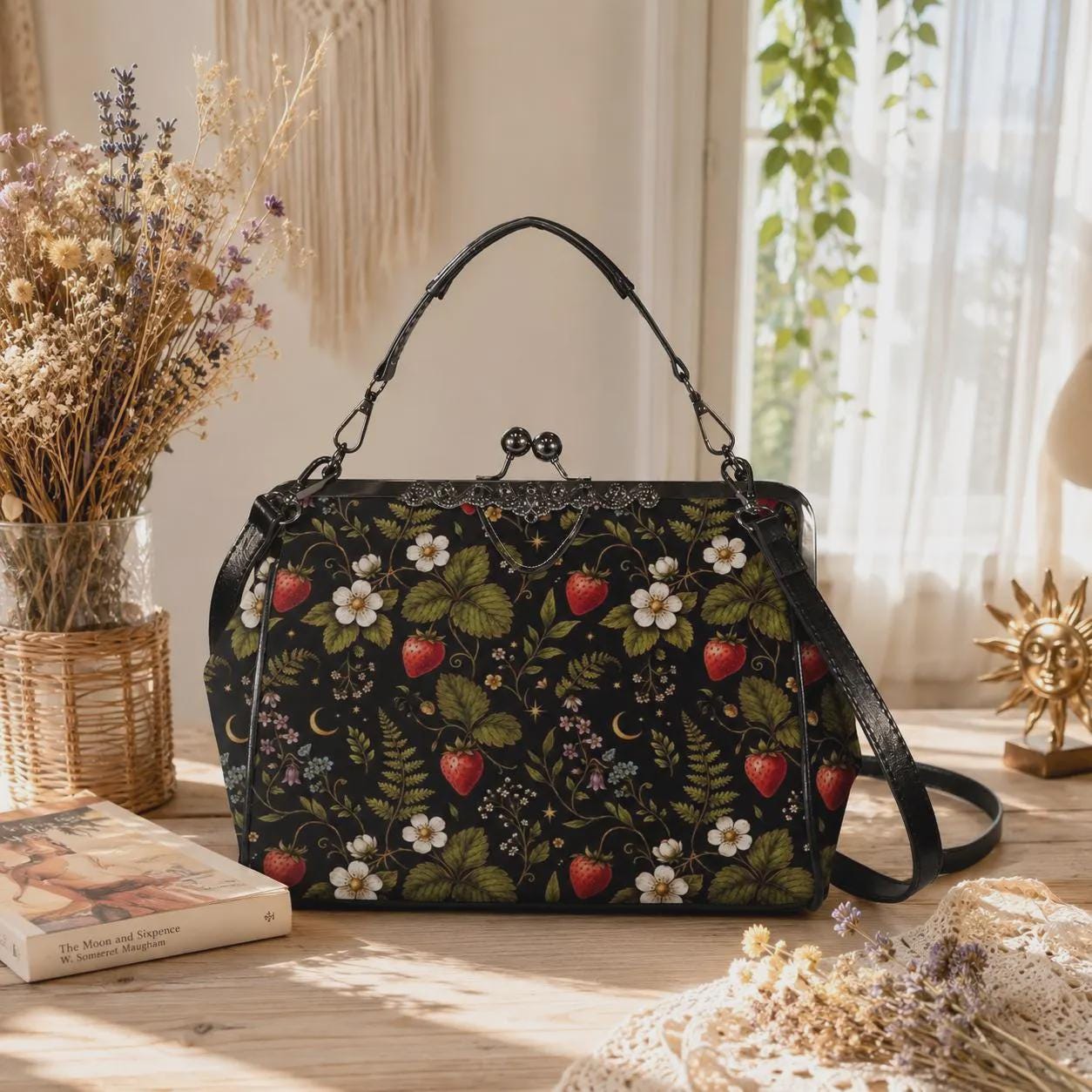 Black Wild Strawberry Kiss Lock Handbag, Vintage Cottagecore Crossbody Purse