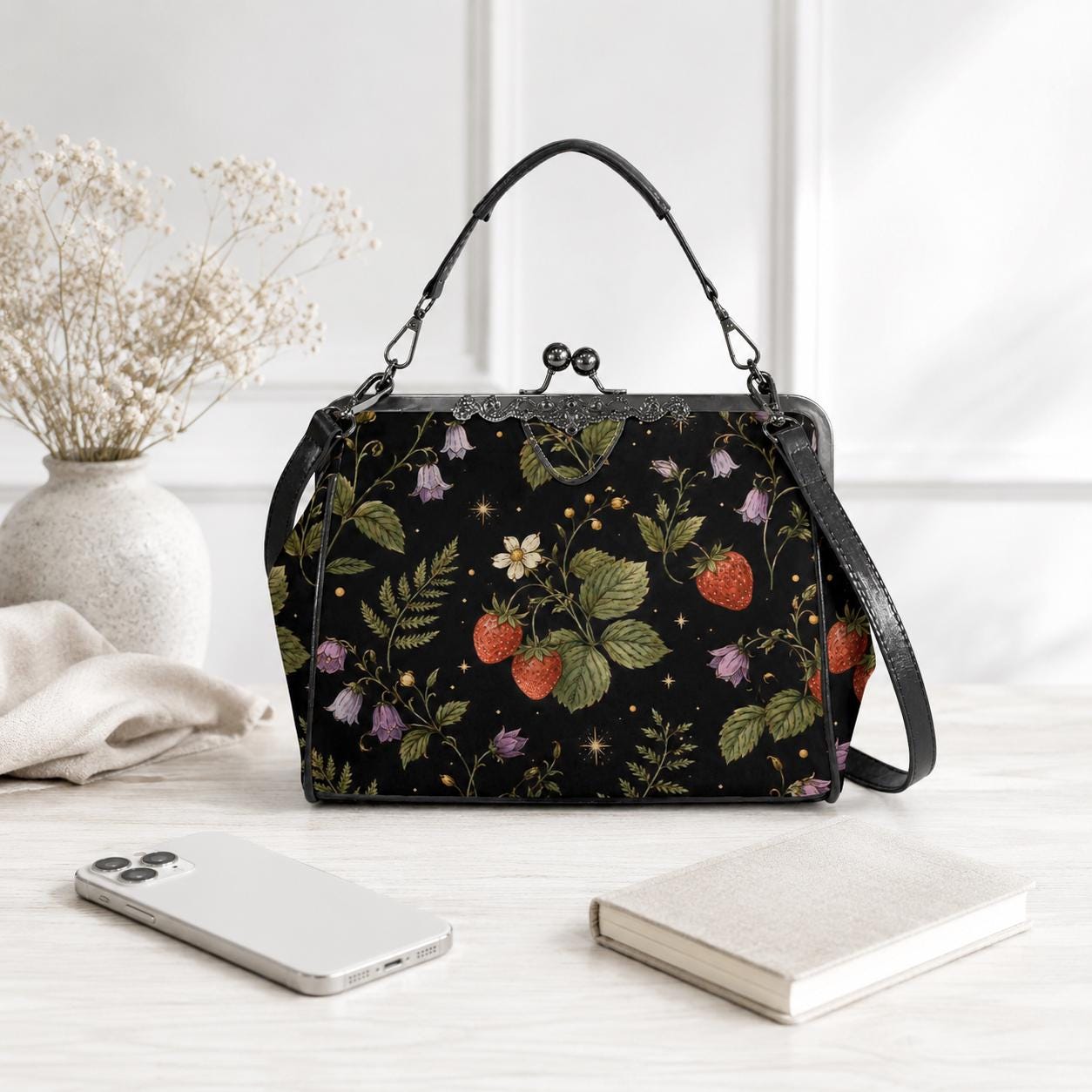 Black Wild Strawberry Kiss Lock Handbag, Vintage Cottagecore Crossbody Purse