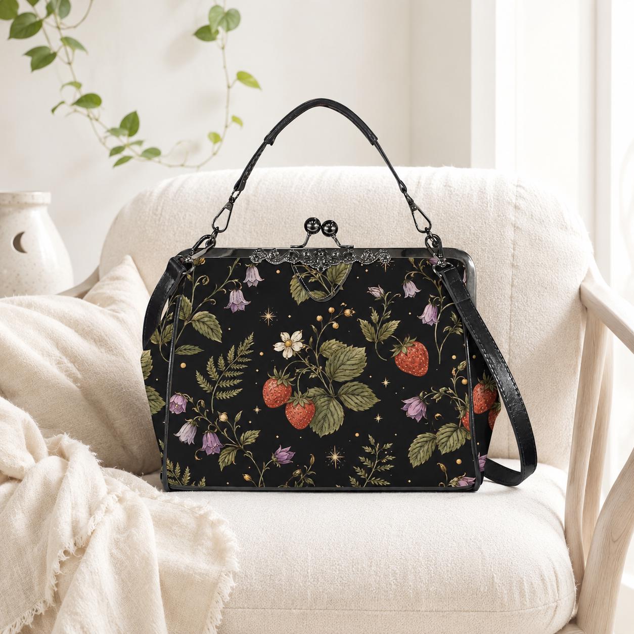 Black Wild Strawberry Kiss Lock Handbag, Vintage Cottagecore Crossbody Purse