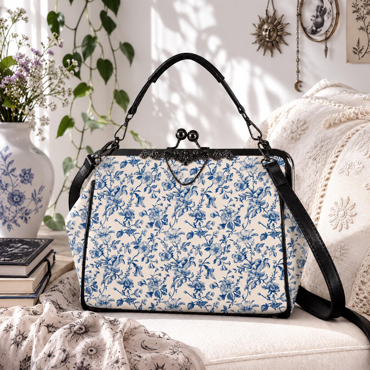 Blue Toile Handbag, Chinoiserie Floral Kiss Lock Purse, Detachable Strap Bag