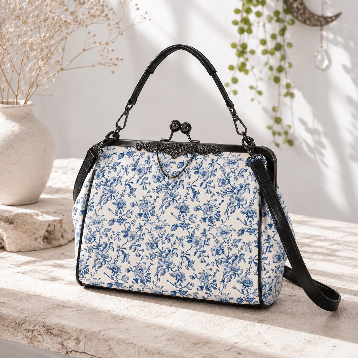Blue Toile Handbag, Chinoiserie Floral Kiss Lock Purse, Detachable Strap Bag