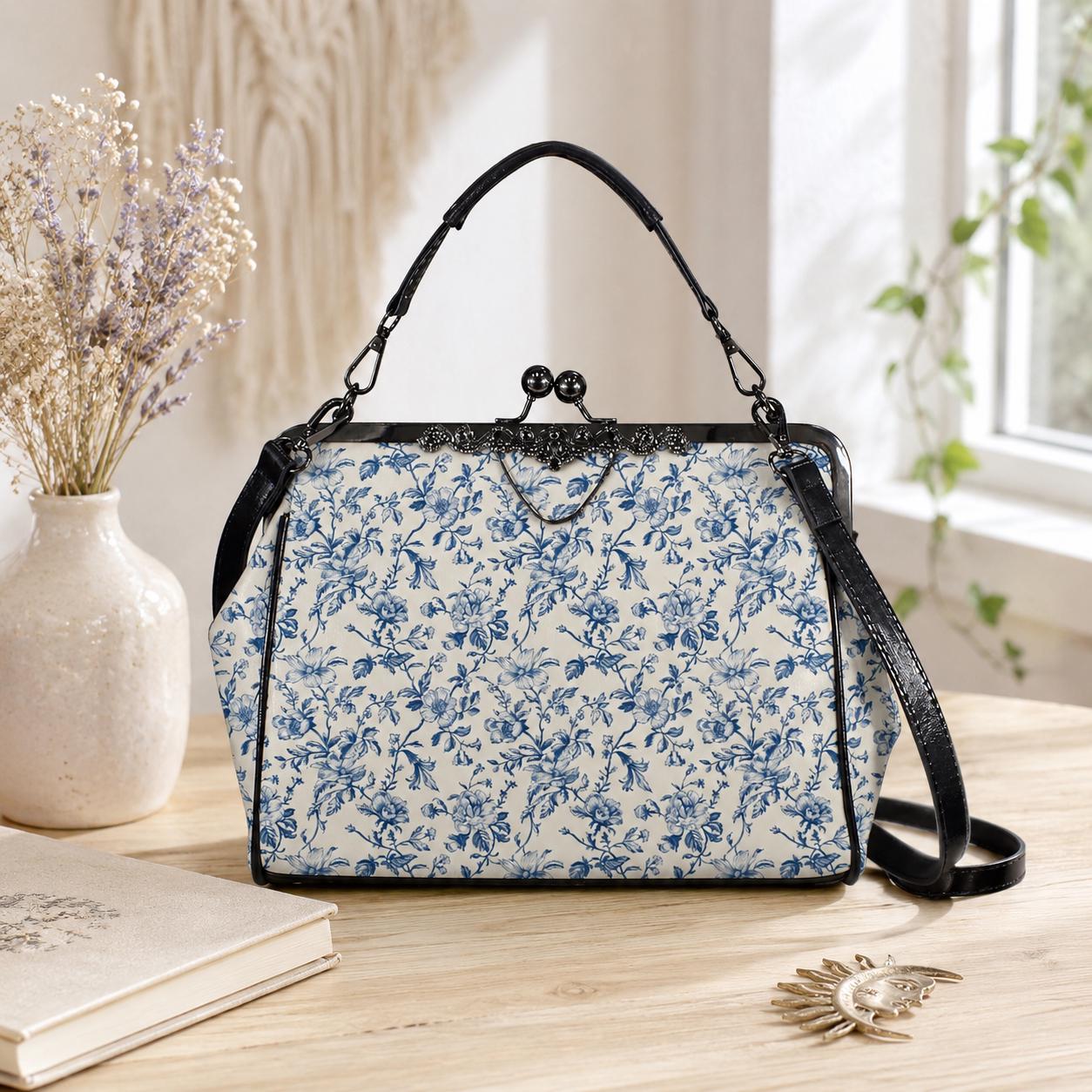 Blue Toile Handbag, Chinoiserie Floral Kiss Lock Purse, Detachable Strap Bag