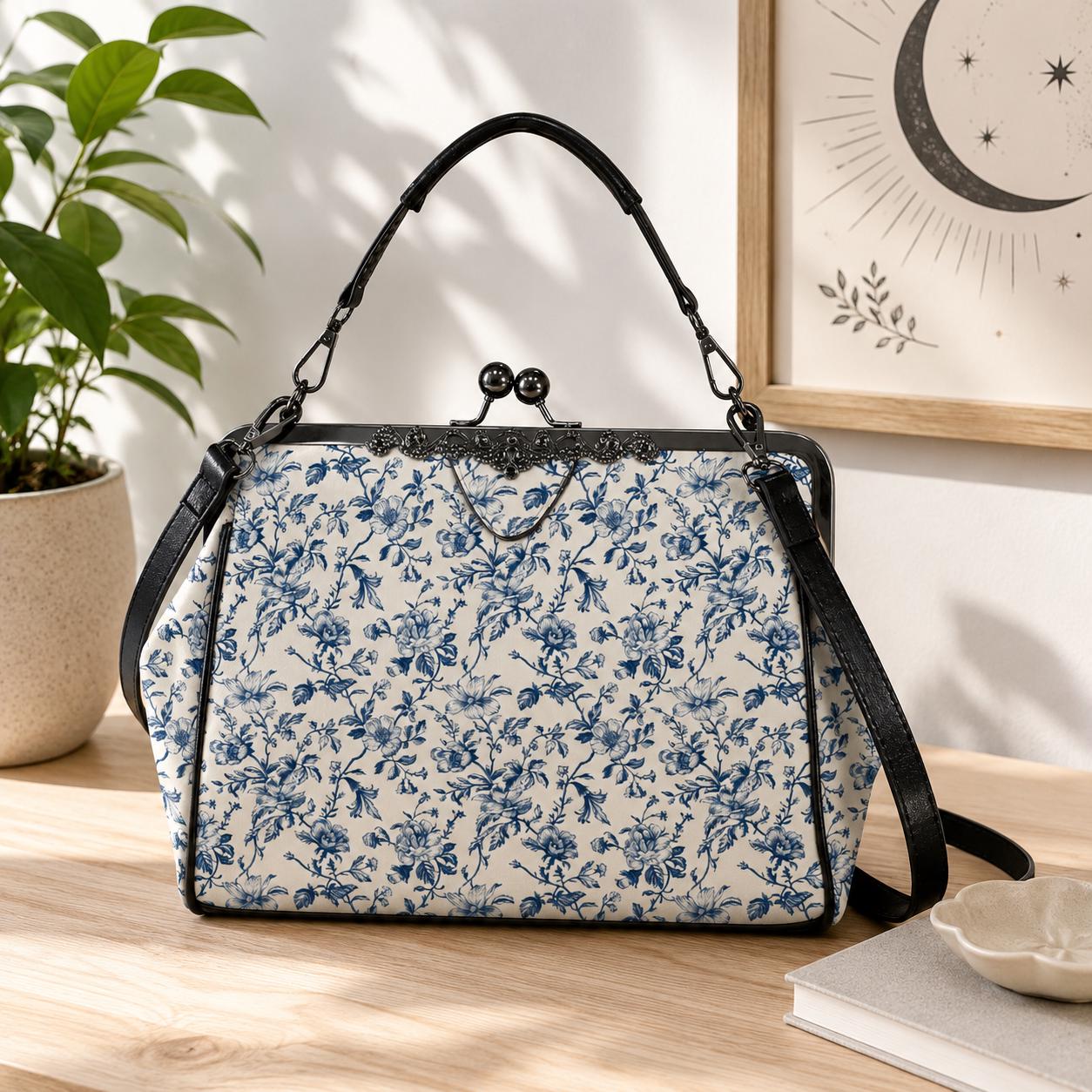 Blue Toile Handbag, Chinoiserie Floral Kiss Lock Purse, Detachable Strap Bag