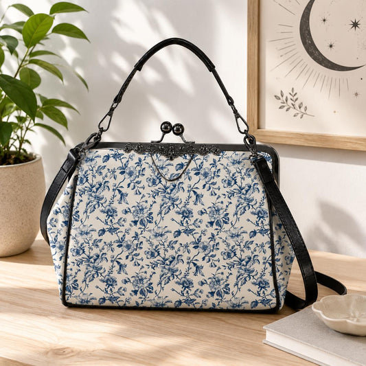 Blue Toile Handbag, Chinoiserie Floral Kiss Lock Purse, Detachable Strap Bag