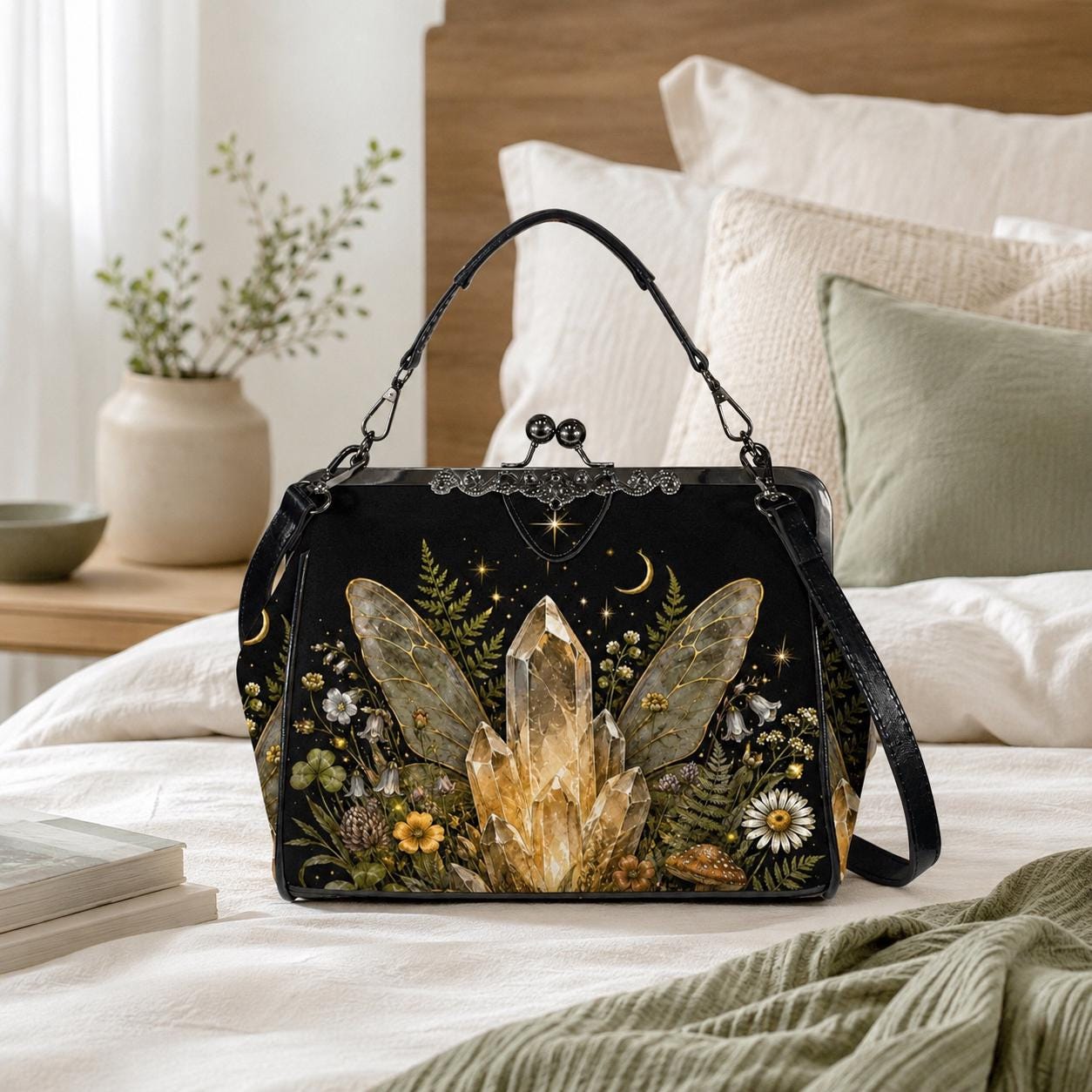 Fairycore Crystal Purse, Gold Quartz Fairy Wing Print Kiss Lock Cottage Witch Crossbody Bag