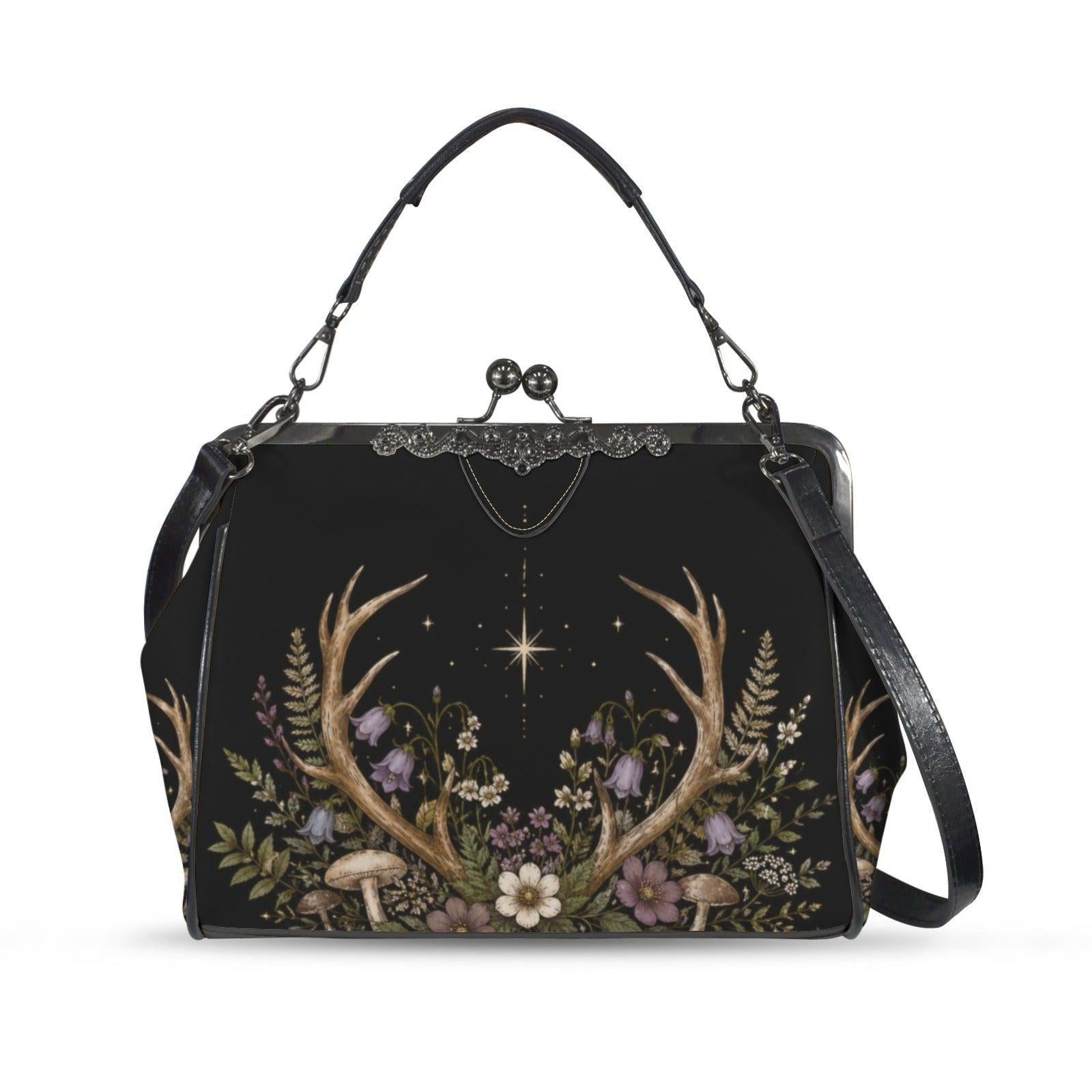 Black Floral Evening Bag, Vintage Kisslock Clutch, Detachable Chain Strap