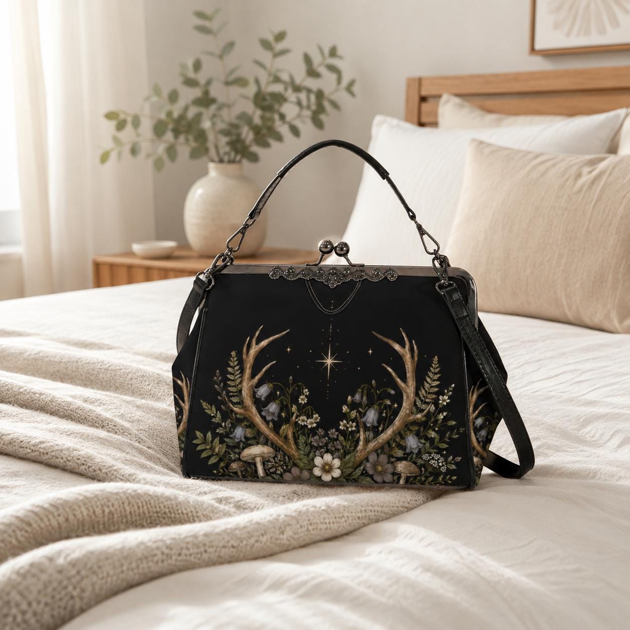 Black Floral Evening Bag, Vintage Kisslock Clutch, Detachable Chain Strap