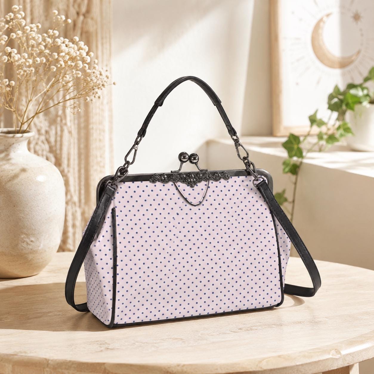 Pink Polka Dot Kiss Lock Handbag, Retro Vintage Style Crossbody Bag