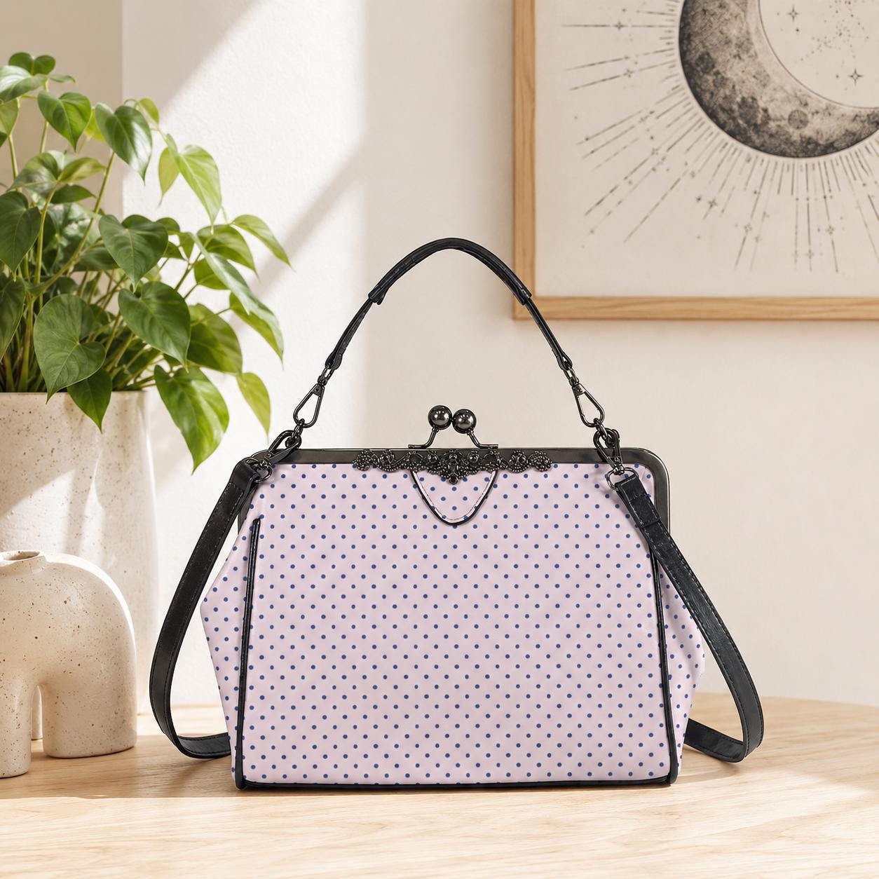 Pink Polka Dot Kiss Lock Handbag, Retro Vintage Style Crossbody Bag