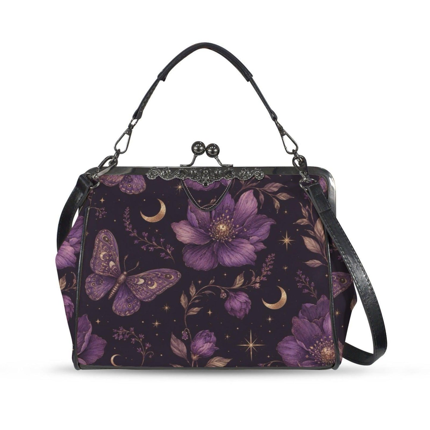 Whimsigoth Purple Moth Moon Floral Kiss Lock Handbag, Celestial Crossbody Bag