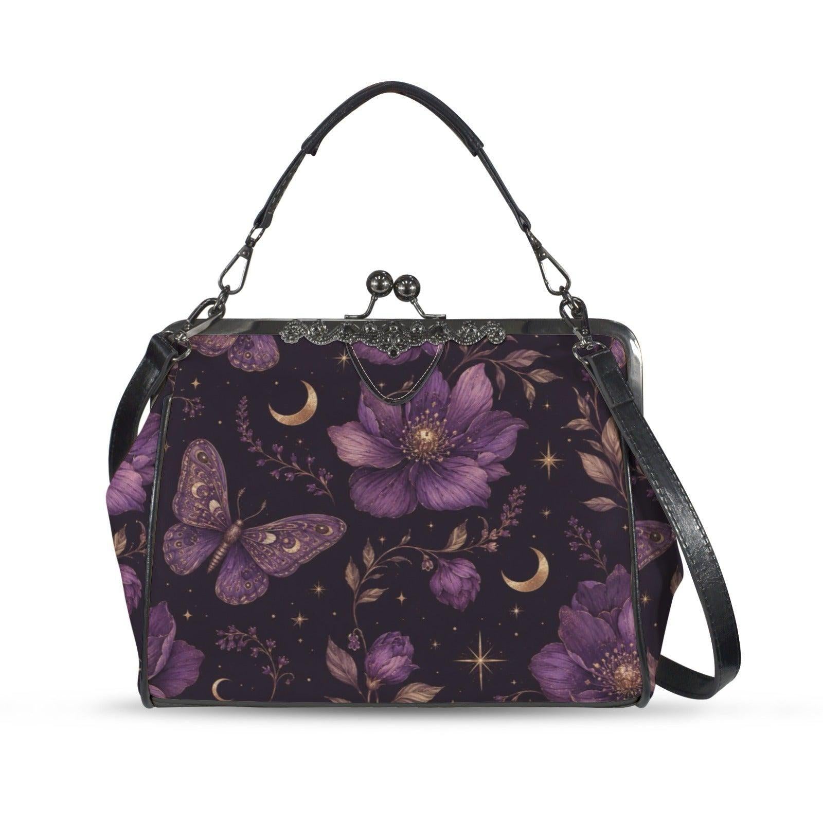 Whimsigoth Purple Moth Moon Floral Kiss Lock Handbag, Celestial Crossbody Bag